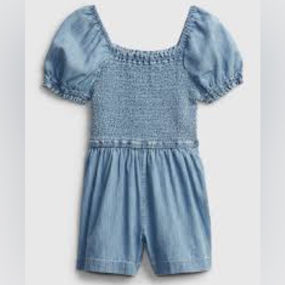 Smocked denim romper